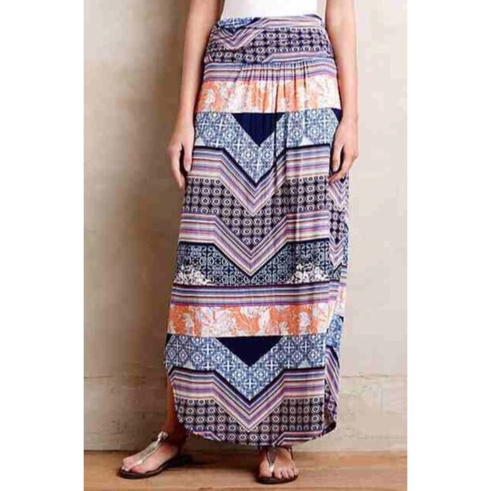 Anthropologie Multicolor Ruched Sides Maxi Skirt | Boho Poetcore Coastal Cowgirl - Picture 2 of 16